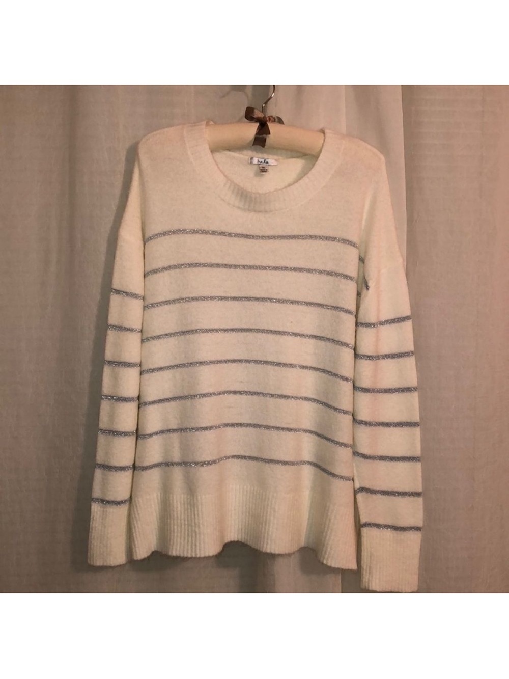 Isela XL Ivory Silver Metallic Crewneck Long Sleeve Knit Pullover
